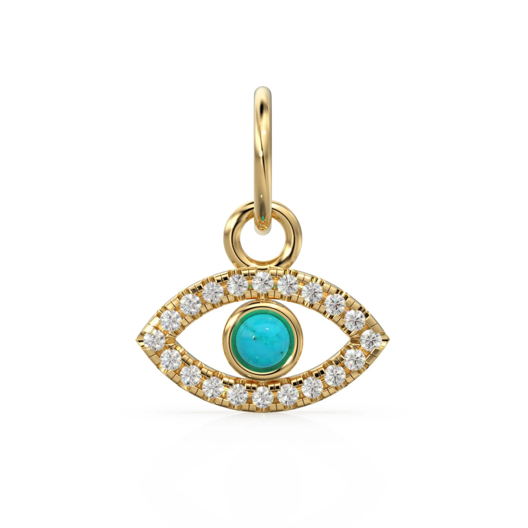 10mmx12.5mm 14K Solid Yellow Gold Diamond Sleeping Beauty Turquoise Evil Eye Charm Necklace Pendant