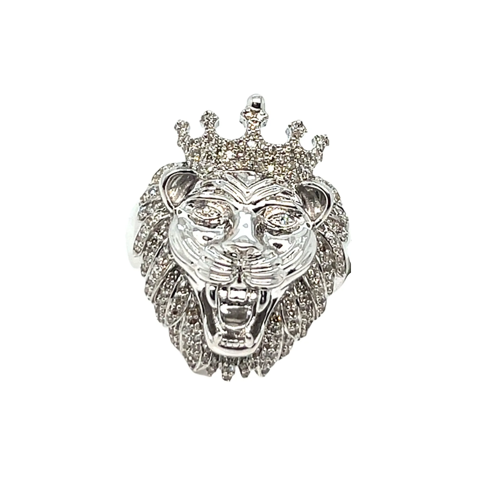 14K White Gold Round 0.78CT Natural Diamonds Lion Head Ring - SR9952