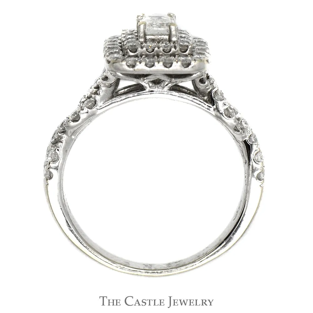 1.5cttw Emerald Cut Diamond Bridal Set with Double Diamond Halo and Accents and Matching Band in 10k White Gold