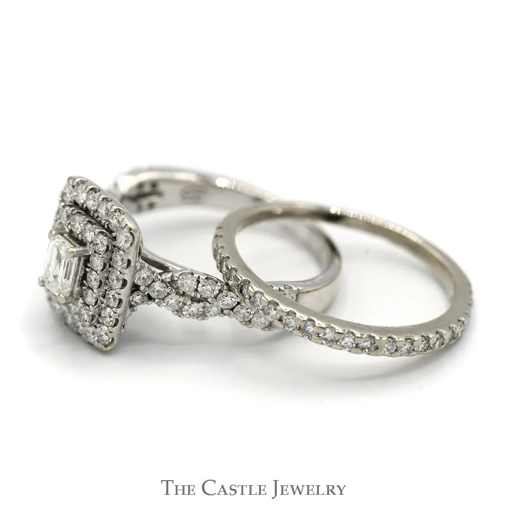 1.5cttw Emerald Cut Diamond Bridal Set with Double Diamond Halo and Accents and Matching Band in 10k White Gold
