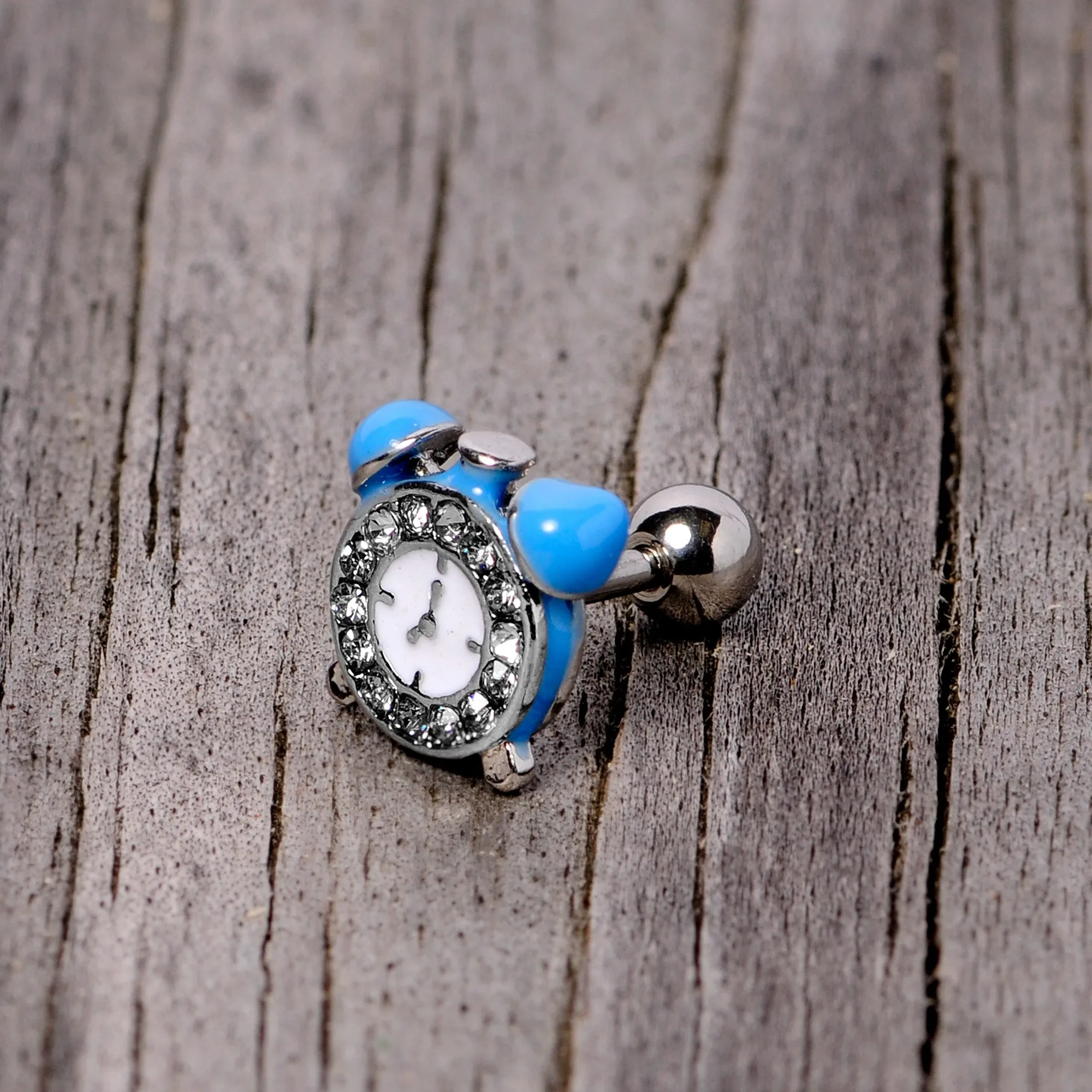 16 Gauge 1/4 Clear Gem Light Blue Alarm Clock Cartilage Tragus Earring