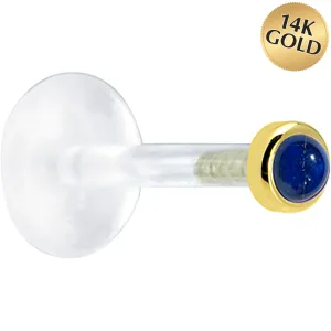 16 Gauge 1/4 Solid 14KT Yellow Gold 2mm Genuine Blue Lapis Lazuli Bioplast Tragus Earring Stud