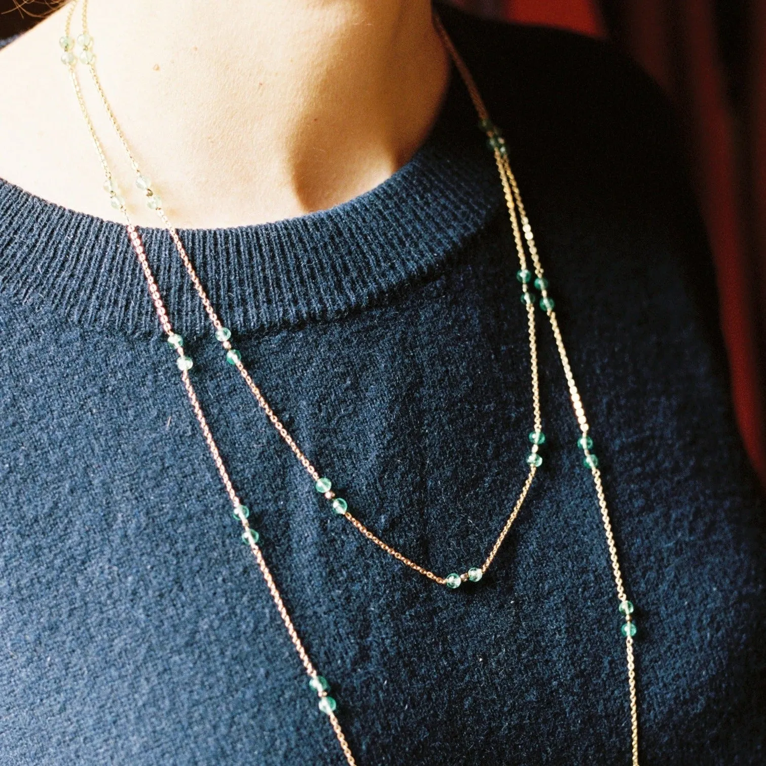 18k Gold, Diamond, and Emerald Bead Necklace (23 inches)