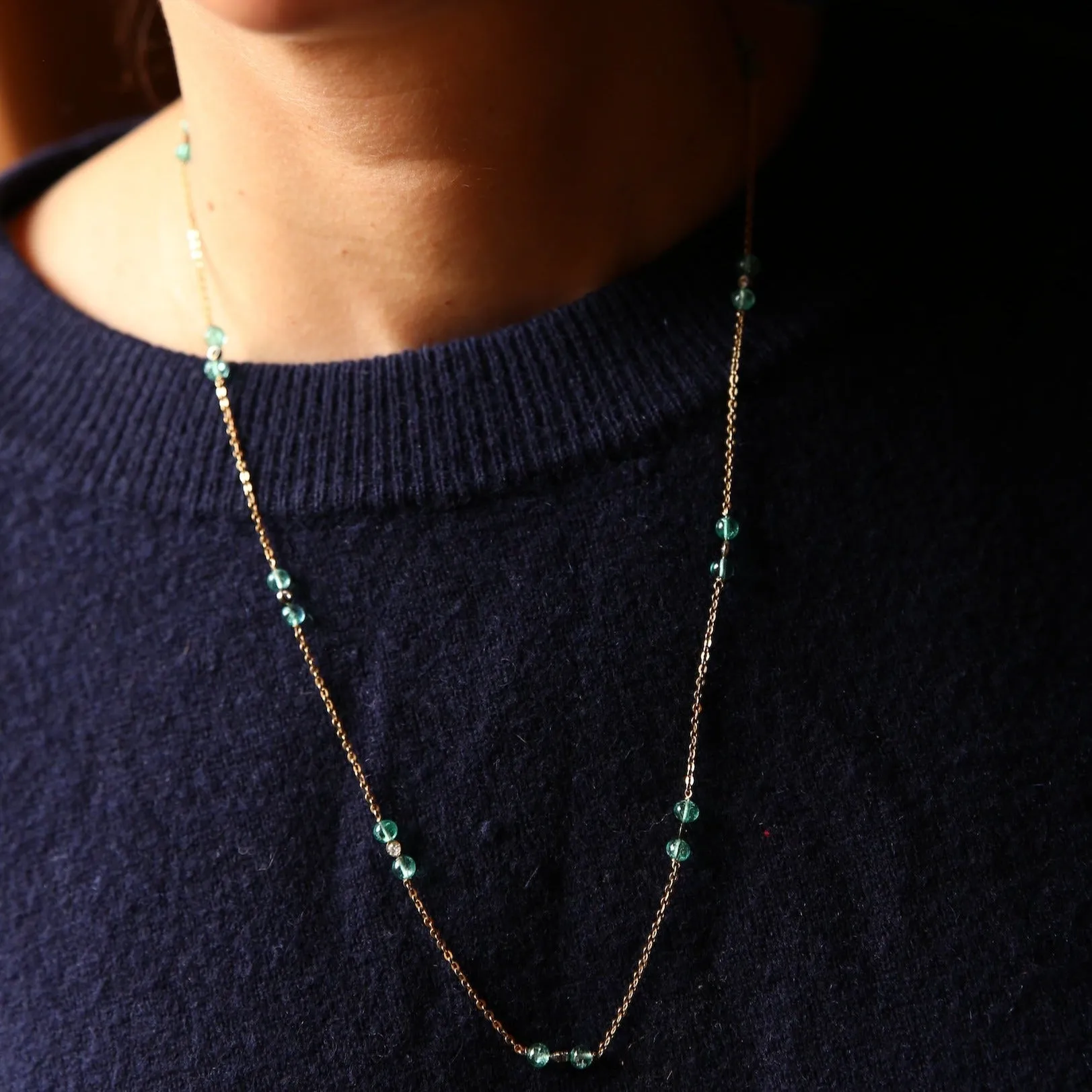 18k Gold, Diamond, and Emerald Bead Necklace (23 inches)