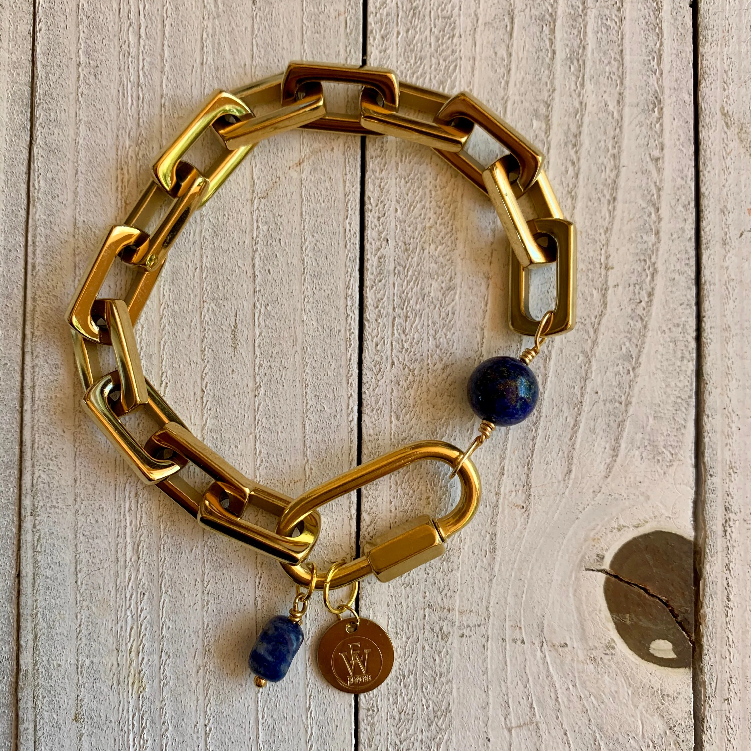 18k Gold Plated Chain Link Bracelet featuring Lapis Lazuli beads 410-10 | Erika Williner Designs