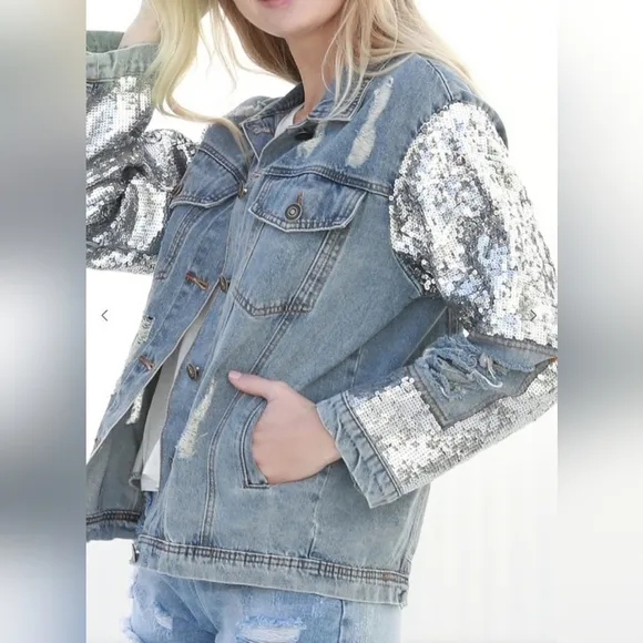 2xl Ladies Denim Jacket Fully Sequined Sleeves!