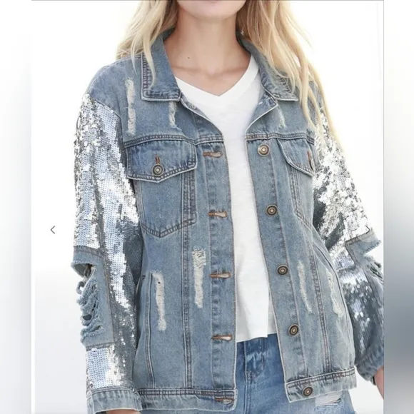 2xl Ladies Denim Jacket Fully Sequined Sleeves!