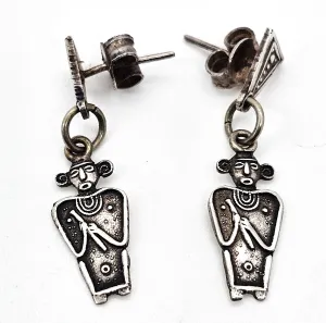 Aztec flute playing silhouette vintage 900 sterling silver post earrings
