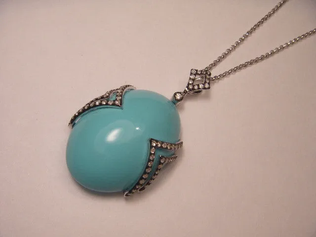 Beautiful 14K White Gold Diamond Turquoise Pendant Necklace