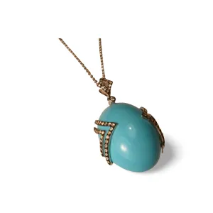Beautiful 14K White Gold Diamond Turquoise Pendant Necklace