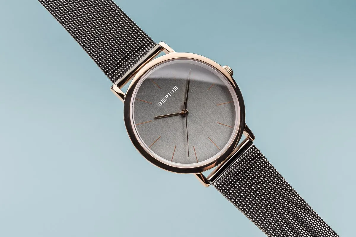 BERING Classic 36mm Polished Rose Gold Grey Mesh Strap Unisex Watch 13436-369