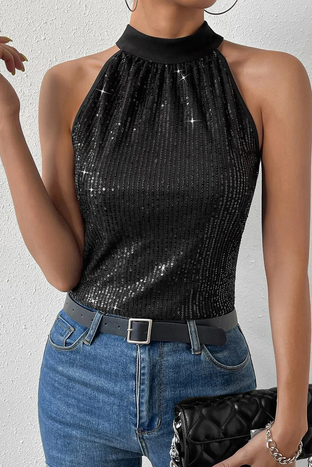 Black Keyhole Tie Back Sequined Tank Top