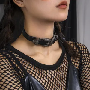 Black Polyurethane & Silver-Plated Buckle Choker Necklace