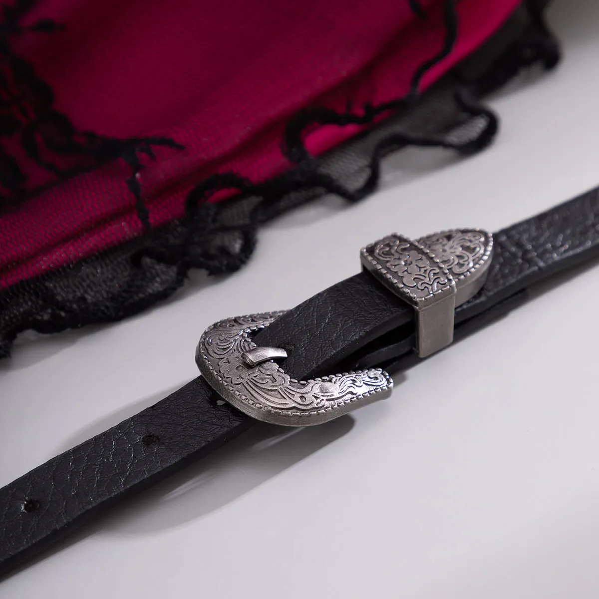 Black Polyurethane & Silver-Plated Buckle Choker Necklace