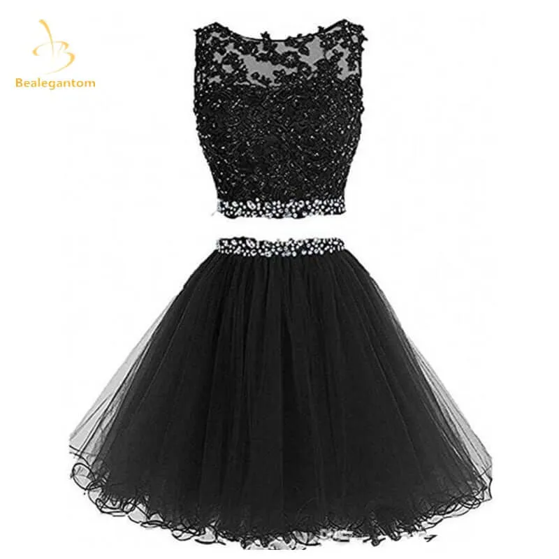 Black Two Piece Tulle Short Graduation Homecoming Dresses For Juniors