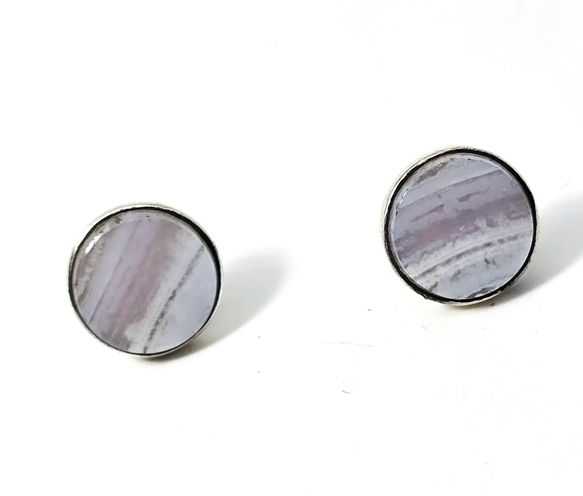 Blue Lace Agate blue gemstone sterling silver post stud vintage earrings
