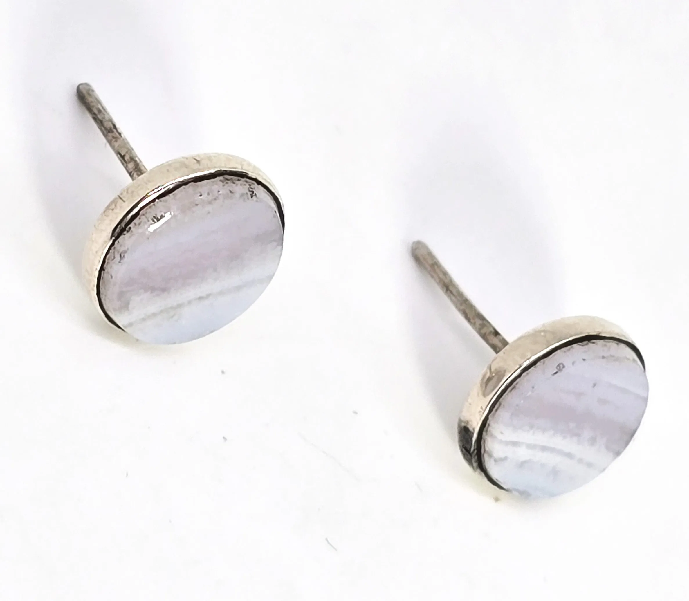 Blue Lace Agate blue gemstone sterling silver post stud vintage earrings