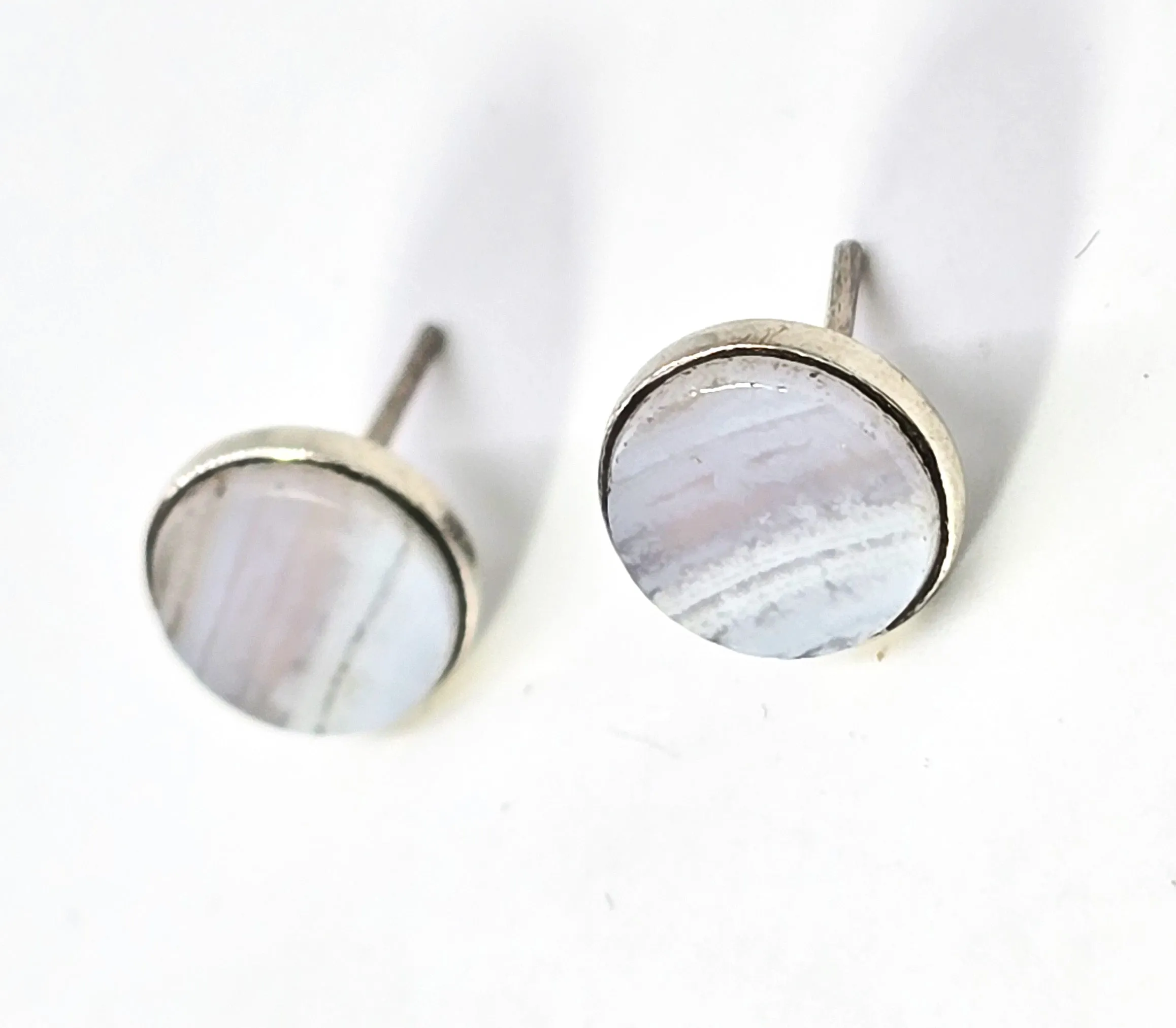 Blue Lace Agate blue gemstone sterling silver post stud vintage earrings