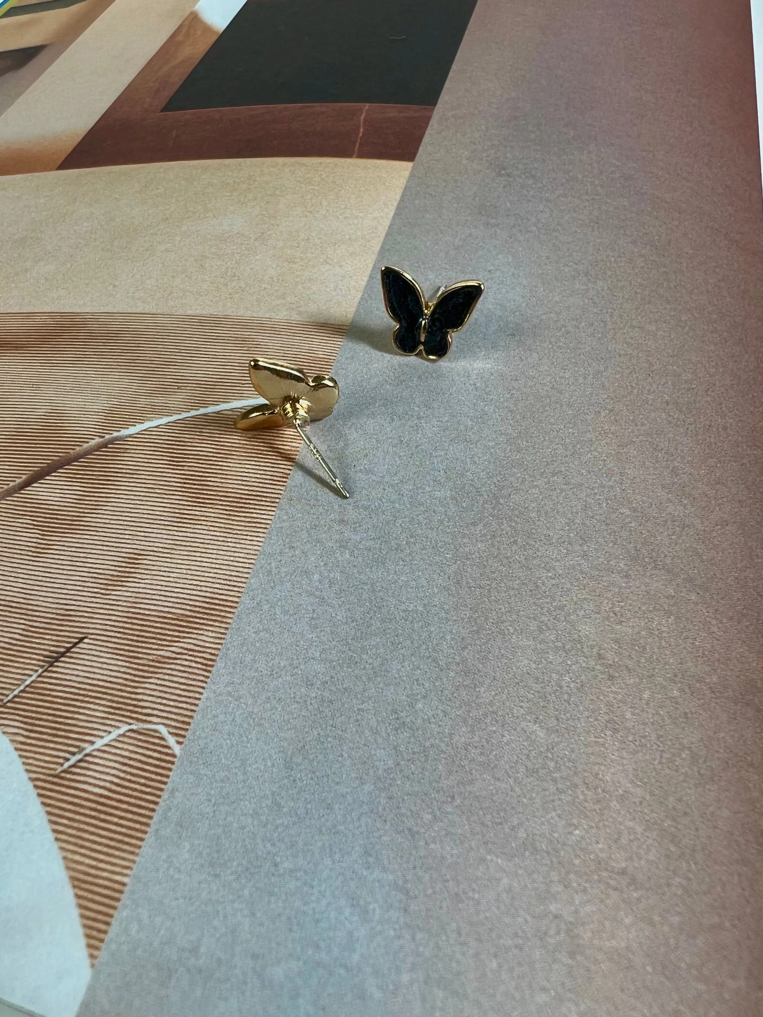 Butterfly Black Enamel Gold Stud Earrings