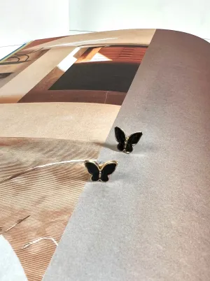 Butterfly Black Enamel Gold Stud Earrings