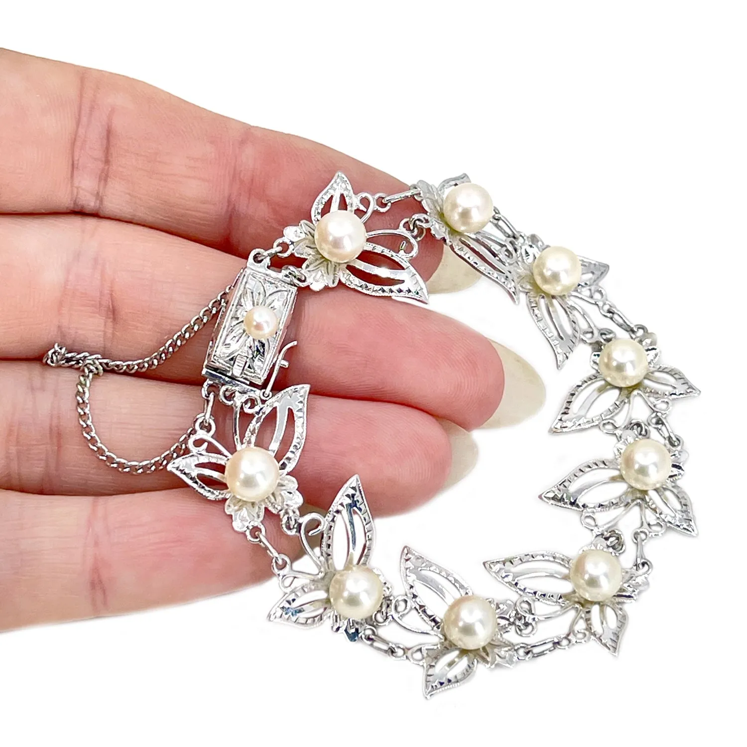 Butterfly Vintage Mid Century Modernist Japanese Saltwater Akoya Cultured Pearl Bracelet- Sterling Silver