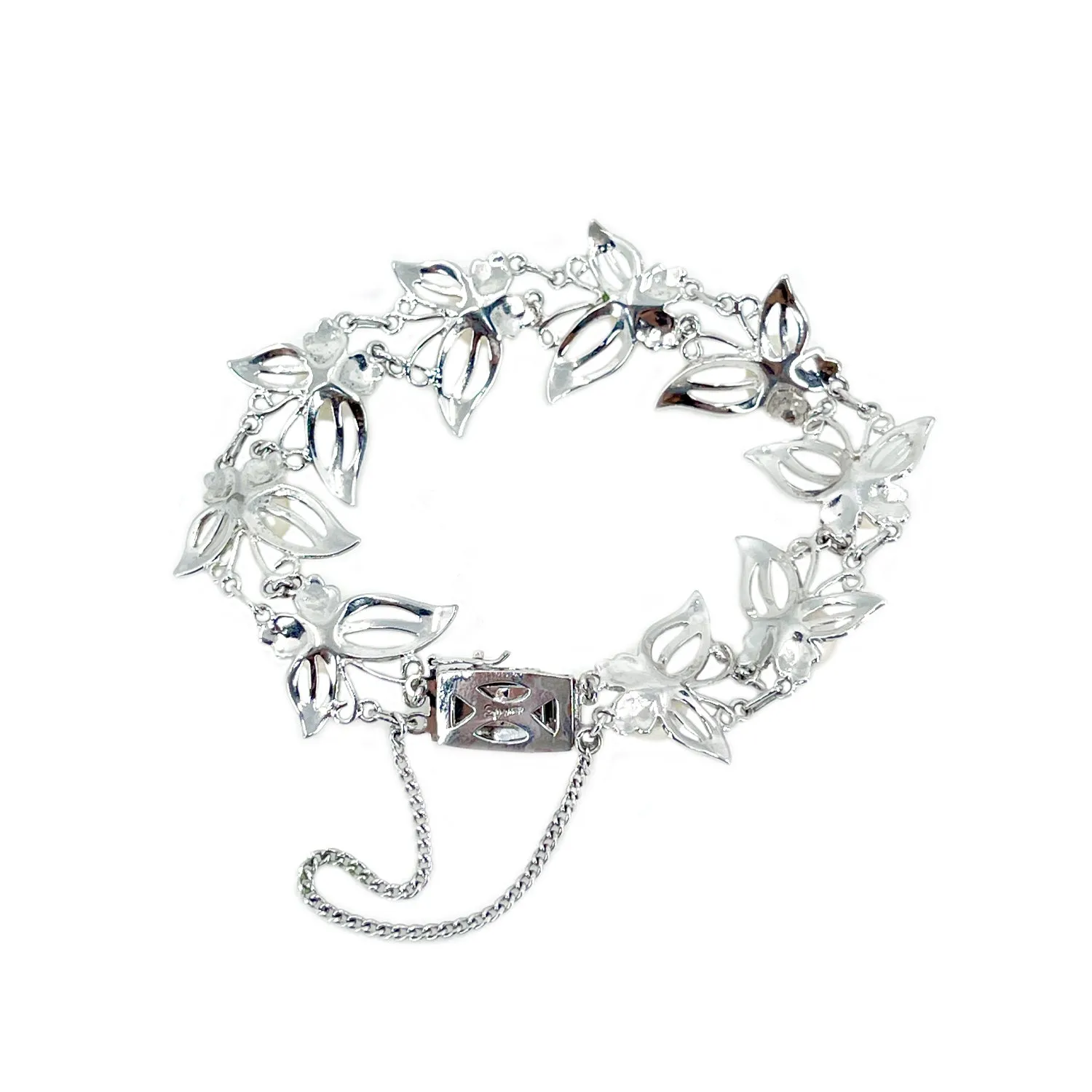 Butterfly Vintage Mid Century Modernist Japanese Saltwater Akoya Cultured Pearl Bracelet- Sterling Silver