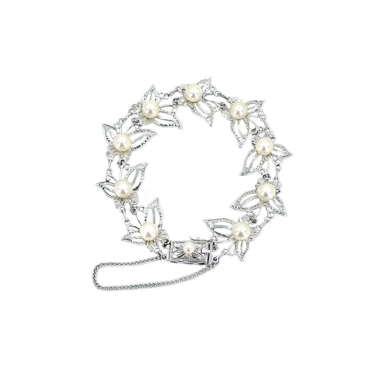 Butterfly Vintage Mid Century Modernist Japanese Saltwater Akoya Cultured Pearl Bracelet- Sterling Silver