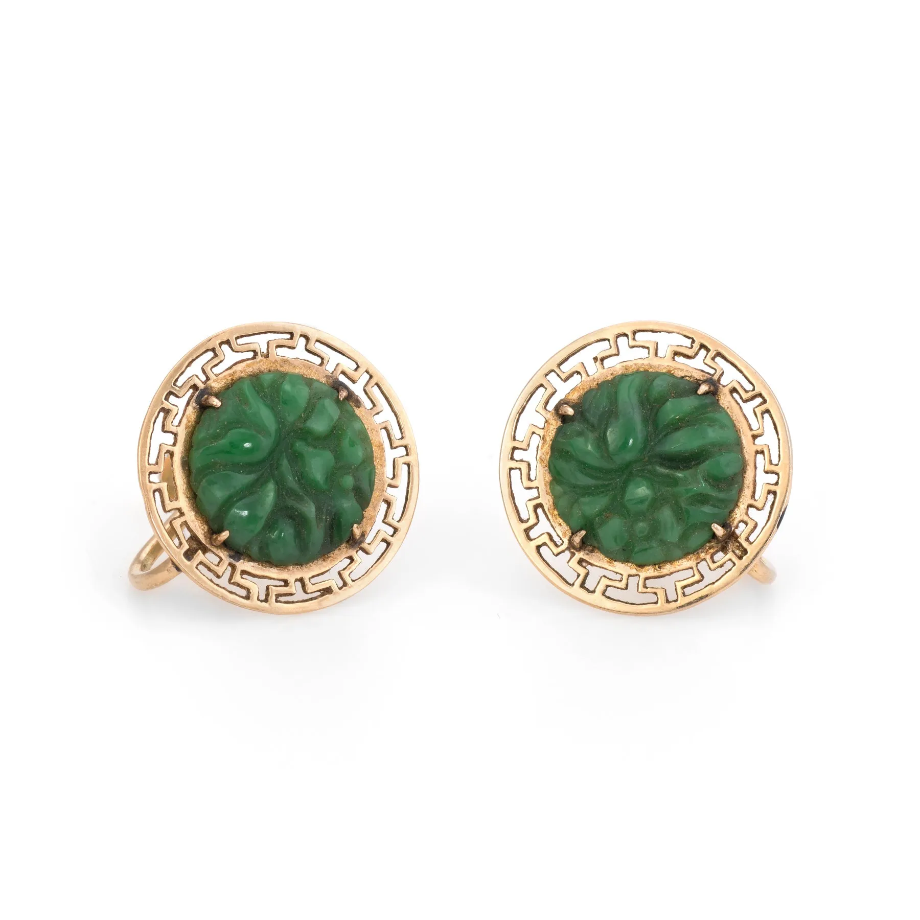 Carved Jade Flower Earrings Vintage 14k Yellow Gold Estate Jewelry Screw Backing