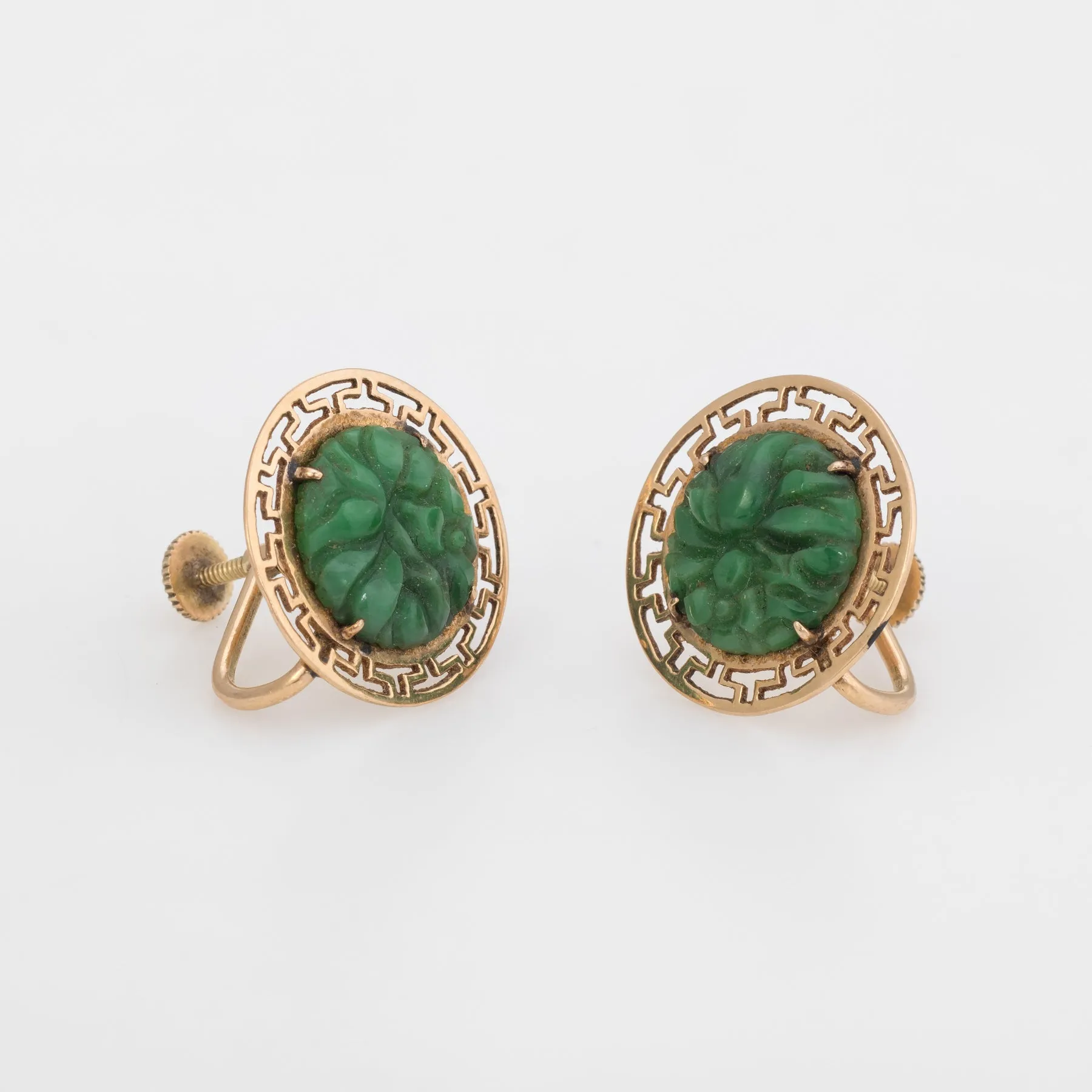 Carved Jade Flower Earrings Vintage 14k Yellow Gold Estate Jewelry Screw Backing