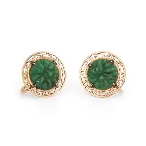 Carved Jade Flower Earrings Vintage 14k Yellow Gold Estate Jewelry Screw Backing