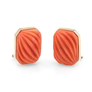 Carved Natural Coral Square Earrings Vintage 14k Yellow Gold Estate Jewelry