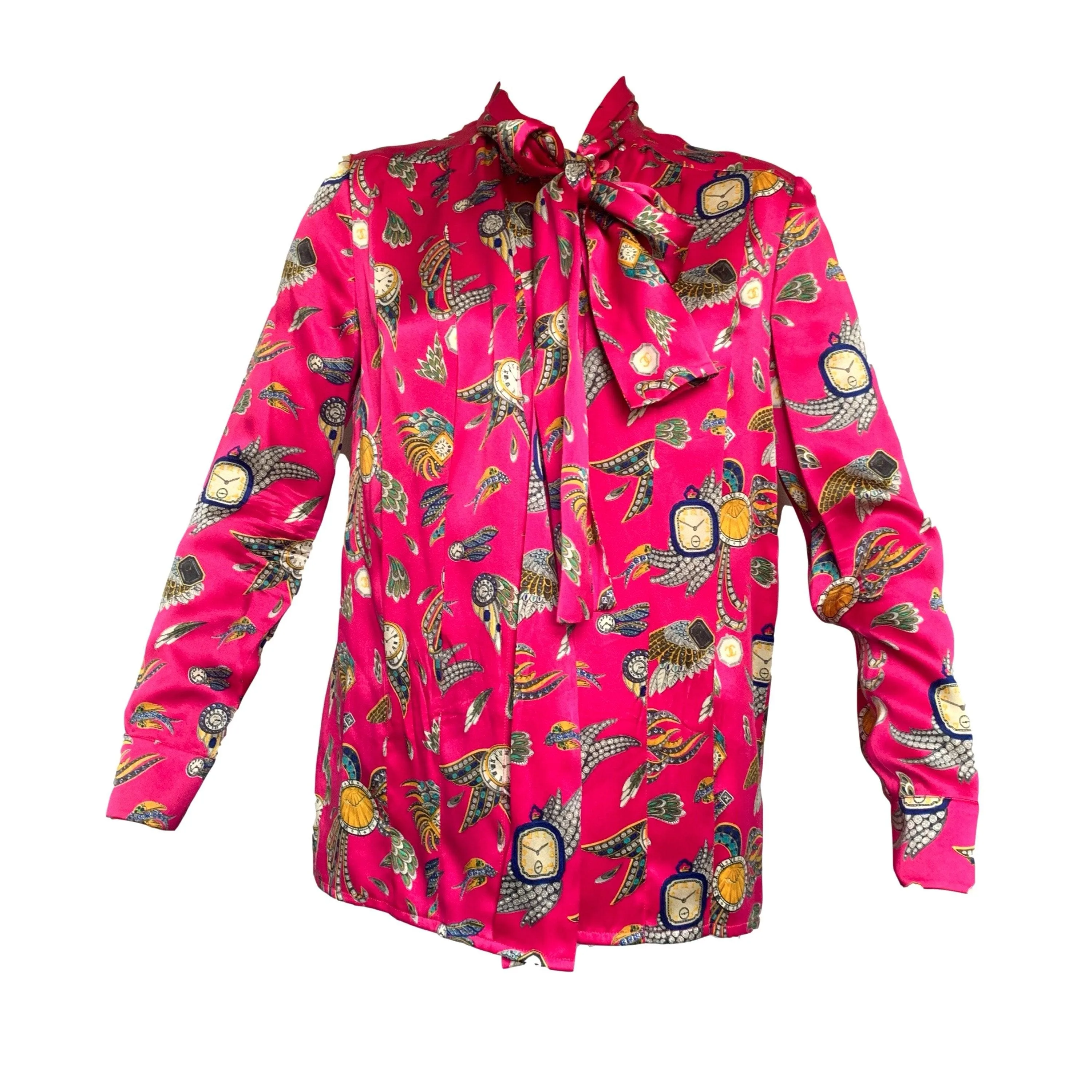 Chanel Pink Clock Print Silk Button Down