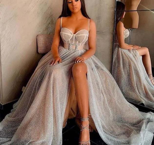Charming  Evening Dresses Long A-Line  Sweetheart Spaghetti Strap Split Floor Length Evening Dress Formal Party Gowns