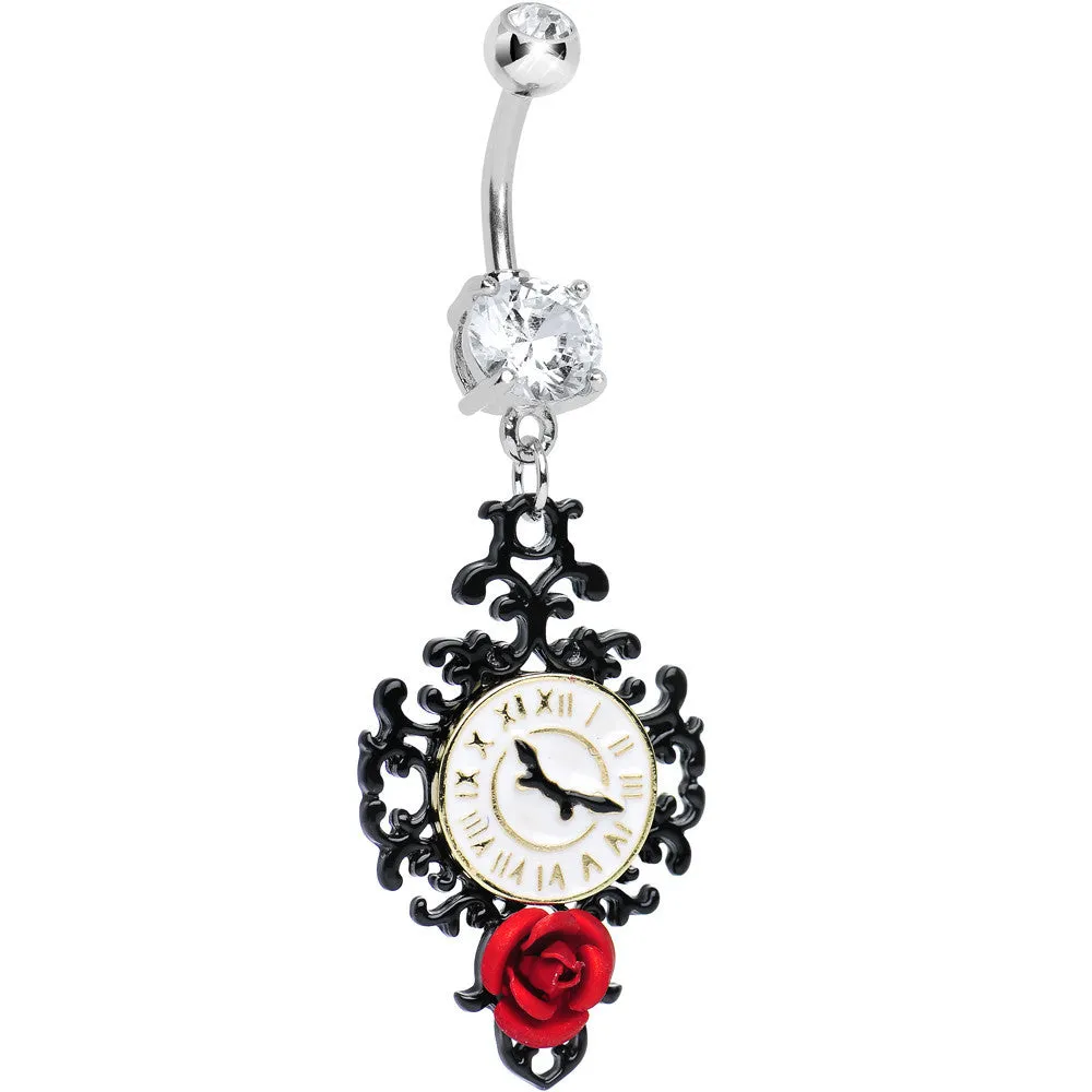 Clear Gem Baroque Clock with Red Rose Flower Dangle Belly Ring