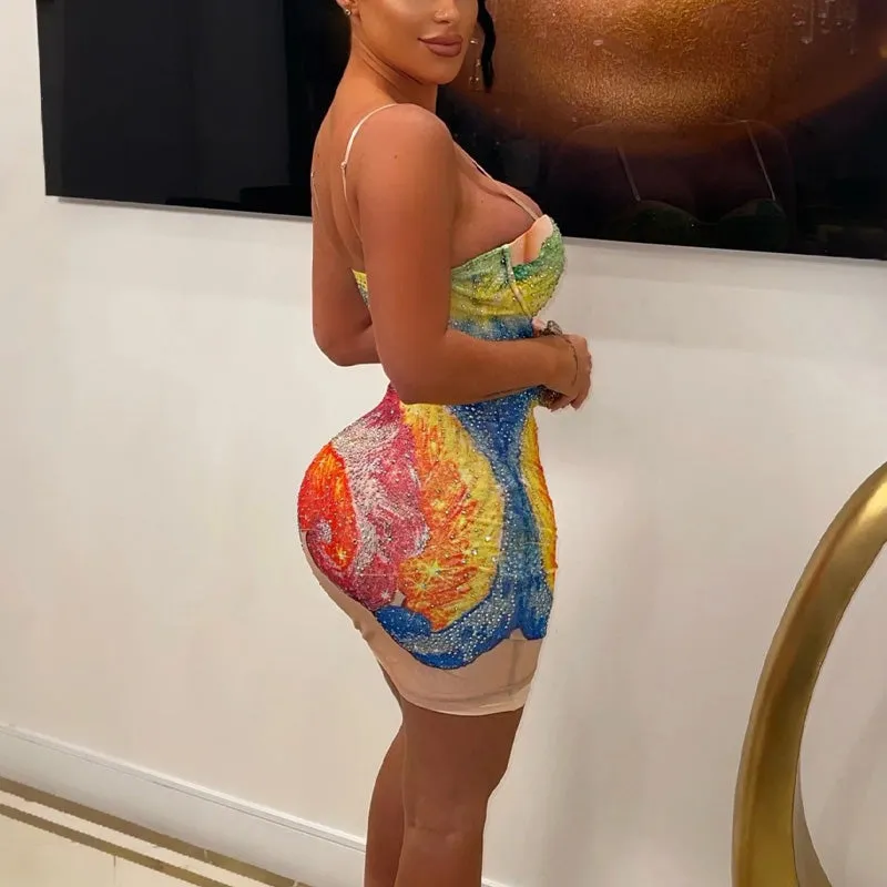 Colorful Rhinestone Spaghetti Strap Bodycon Dress