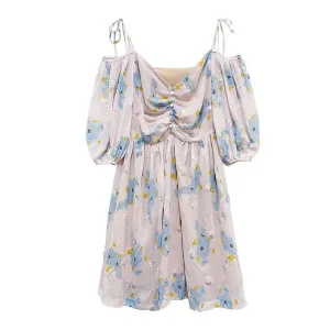 Countryside Floral Print Glitter Trimming Chiffon Off Shoulder Dress J40088