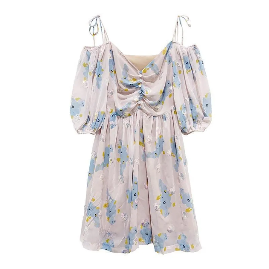 Countryside Floral Print Glitter Trimming Chiffon Off Shoulder Dress J40088