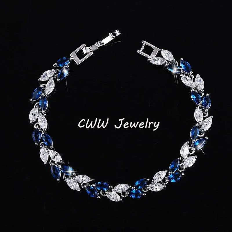 Cubic Zirconia Leaf Charm Link Chain Bracelet
