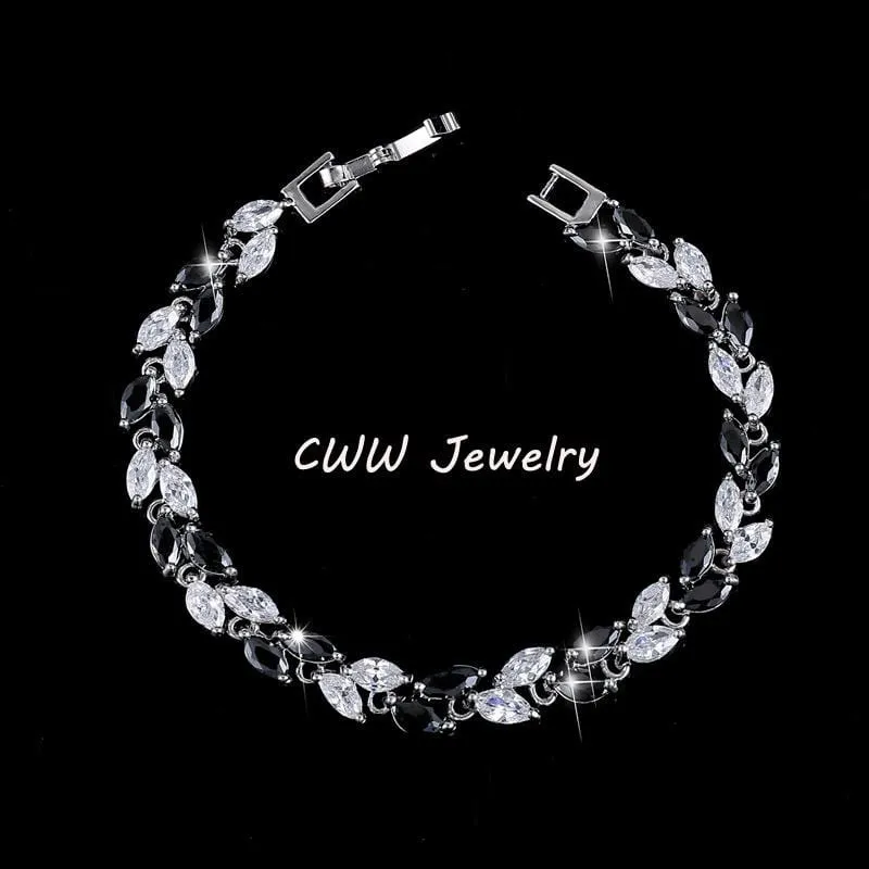 Cubic Zirconia Leaf Charm Link Chain Bracelet