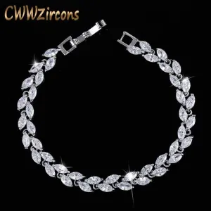 Cubic Zirconia Leaf Charm Link Chain Bracelet