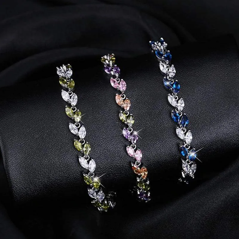 Cubic Zirconia Leaf Charm Link Chain Bracelet