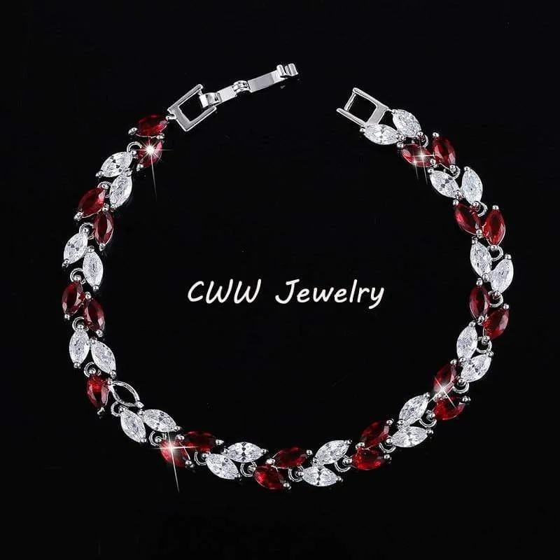 Cubic Zirconia Leaf Charm Link Chain Bracelet