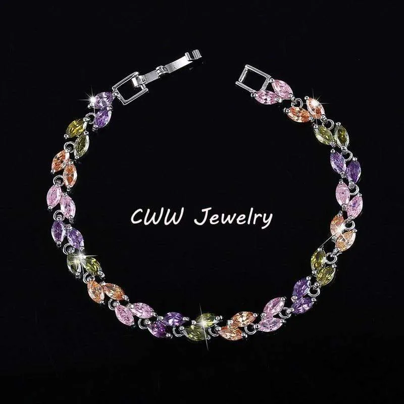 Cubic Zirconia Leaf Charm Link Chain Bracelet