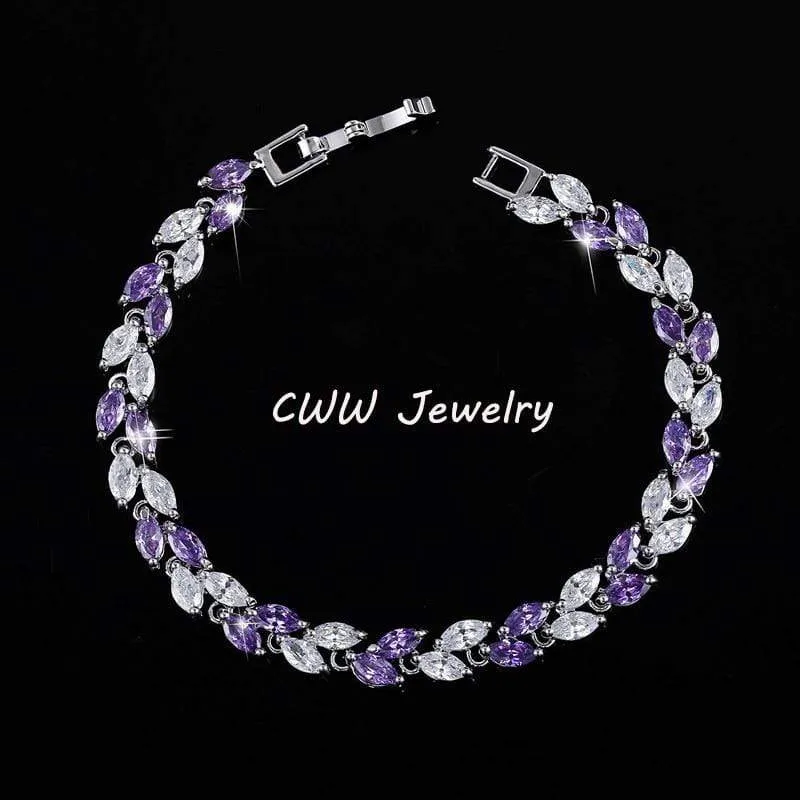 Cubic Zirconia Leaf Charm Link Chain Bracelet
