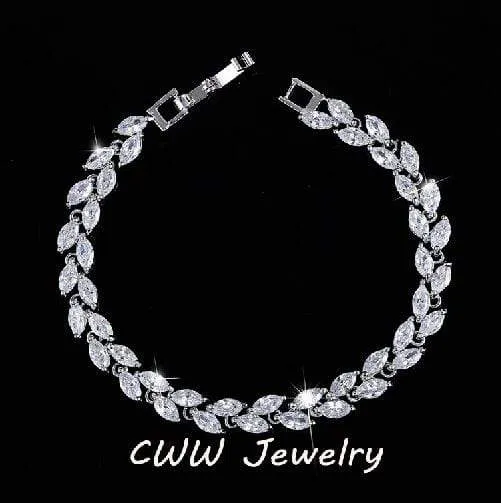 Cubic Zirconia Leaf Charm Link Chain Bracelet