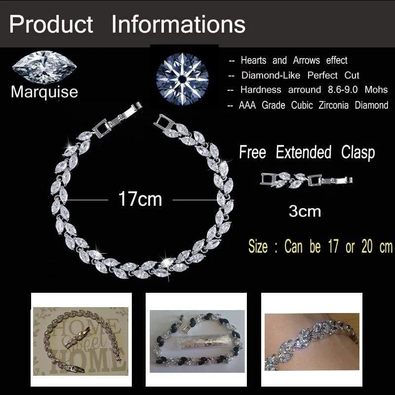 Cubic Zirconia Leaf Charm Link Chain Bracelet
