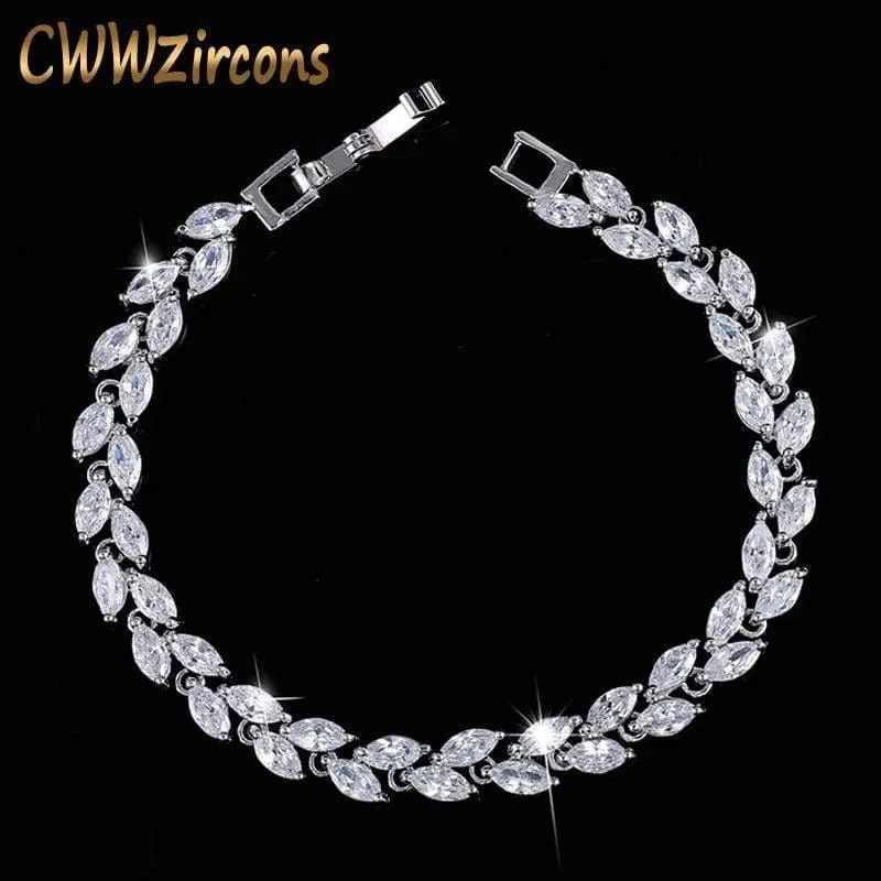 Cubic Zirconia Leaf Charm Link Chain Bracelet