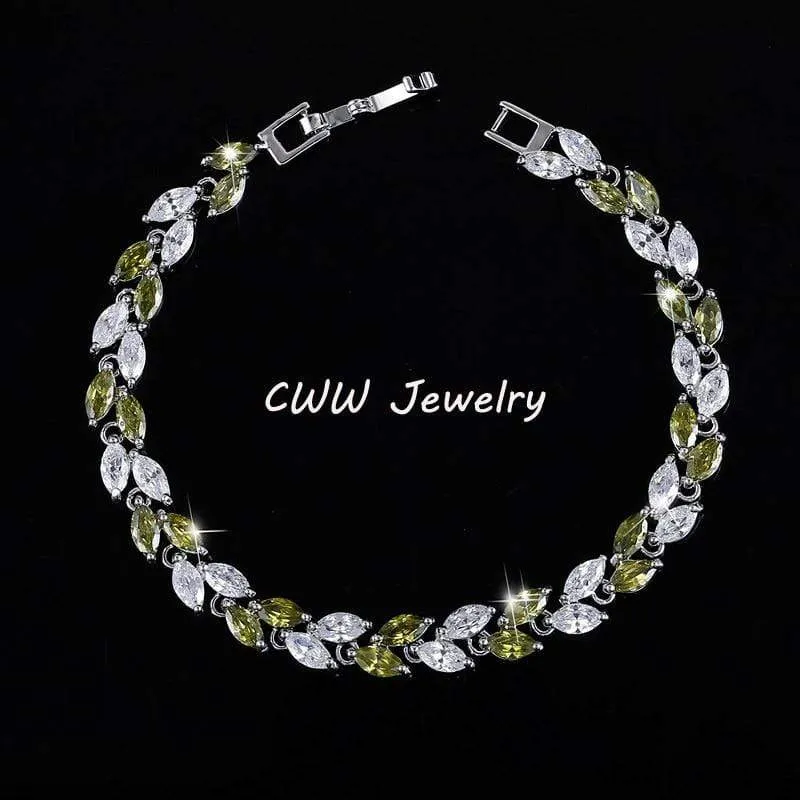 Cubic Zirconia Leaf Charm Link Chain Bracelet