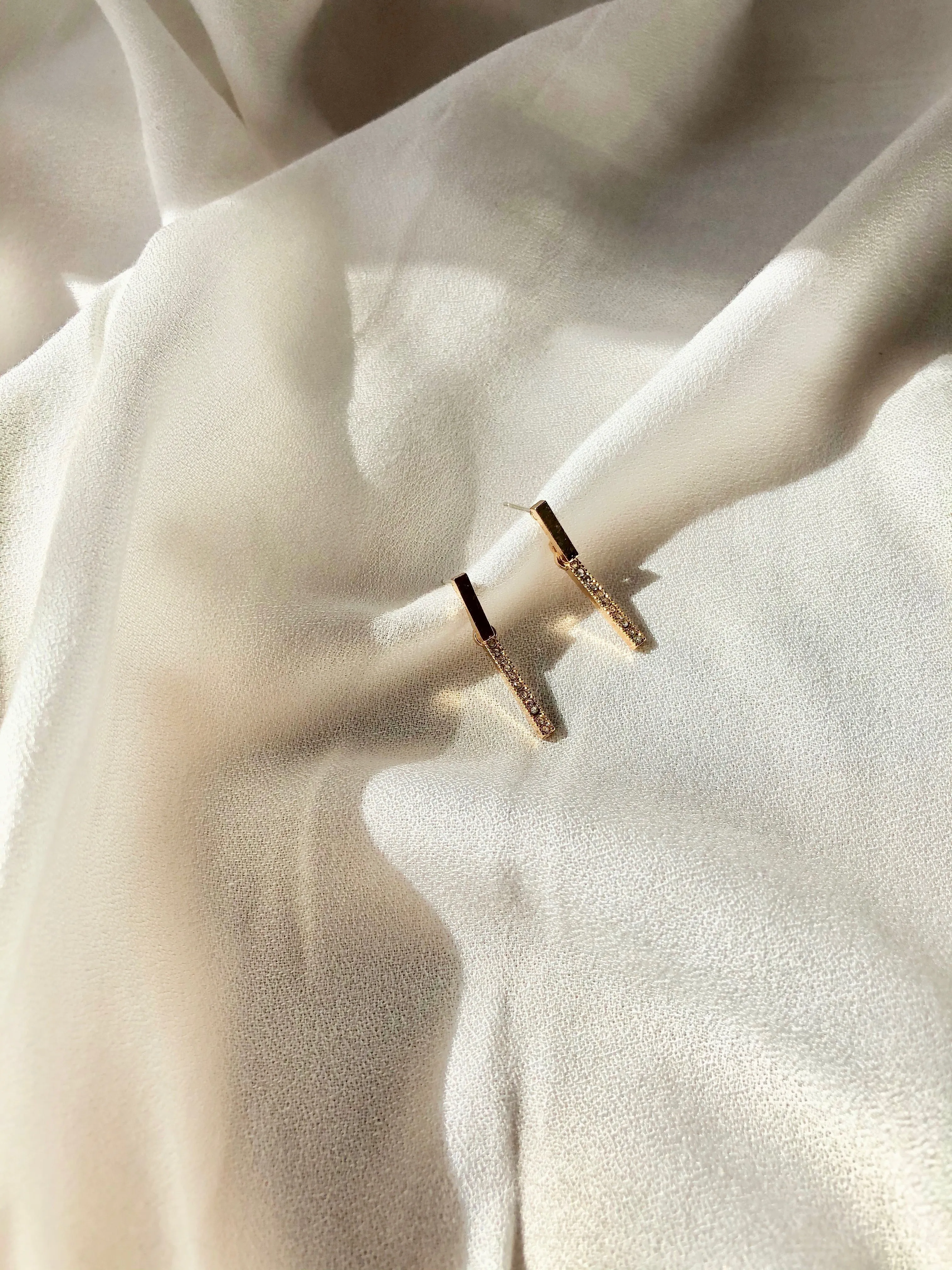 Dainty Crystal Bar Drop Earrings in Gold