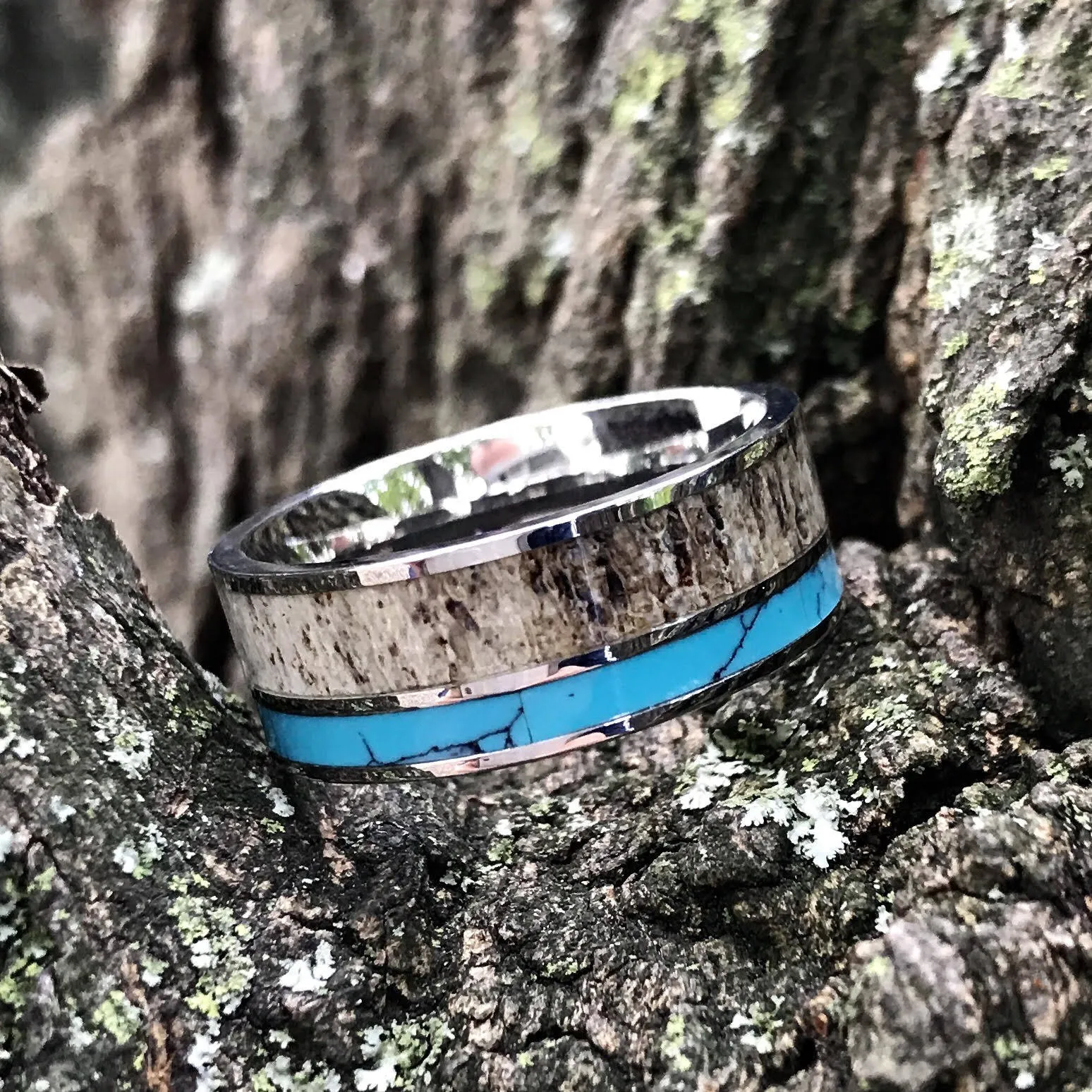 Deer Antler Ring with Turquoise Inlay - Unisex Turquoise Band Wedding Ring